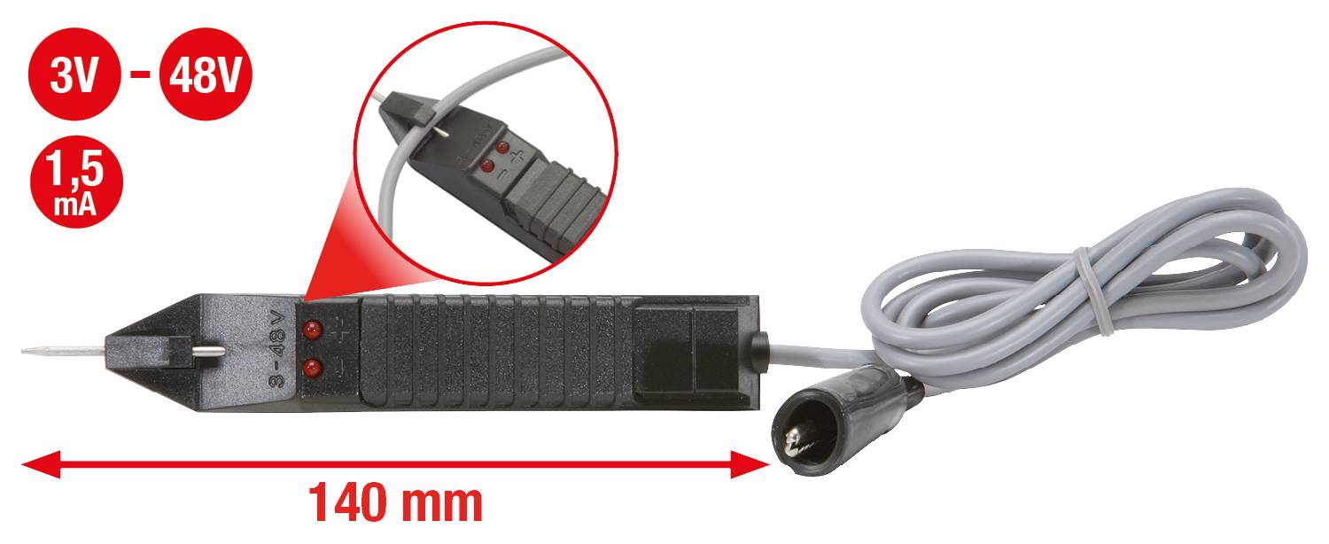 Elektryczny tester napięcia o zakresie napięcia od 3V do 48V i natężeniu prądu 1,5 mA. Długość testera: 140 mm.