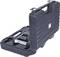 Czarny plastikowy kufer z narzędziami, w tym duży młot i różne końcówki, ułożone w profilowanych przegródkach.