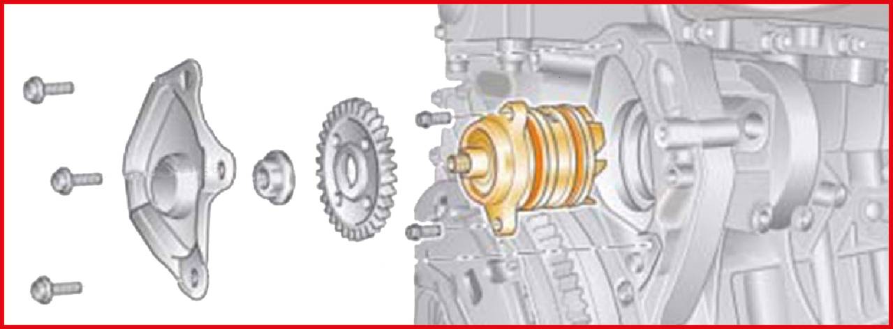 Widok rozstrzelony części silnika z odsłoniętymi komponentami: śruby, koło zębate i żółty element wbudowany w silnik.