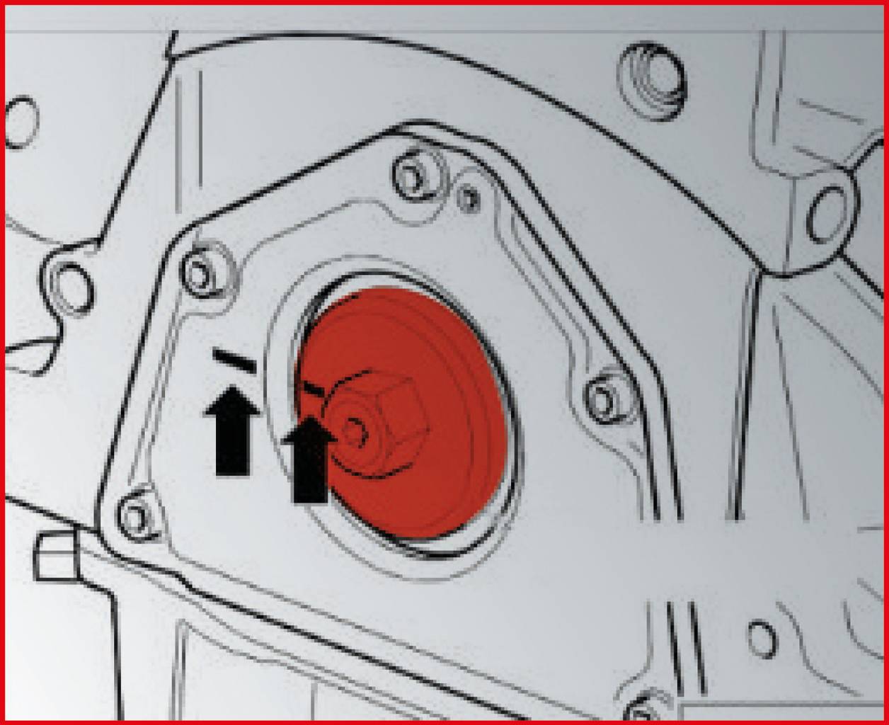 Diagram silnika z podświetlonym czerwonym elementem pośrodku, otoczonym strzałkami wskazującymi pozycję i kierunek obrotu.