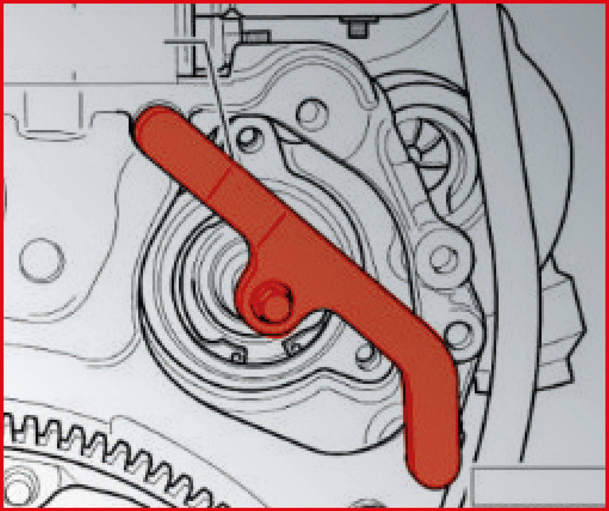 Czerwony schemat poglądowy mechanizmu w silniku, przedstawiający przebieg dźwigni mocującej.