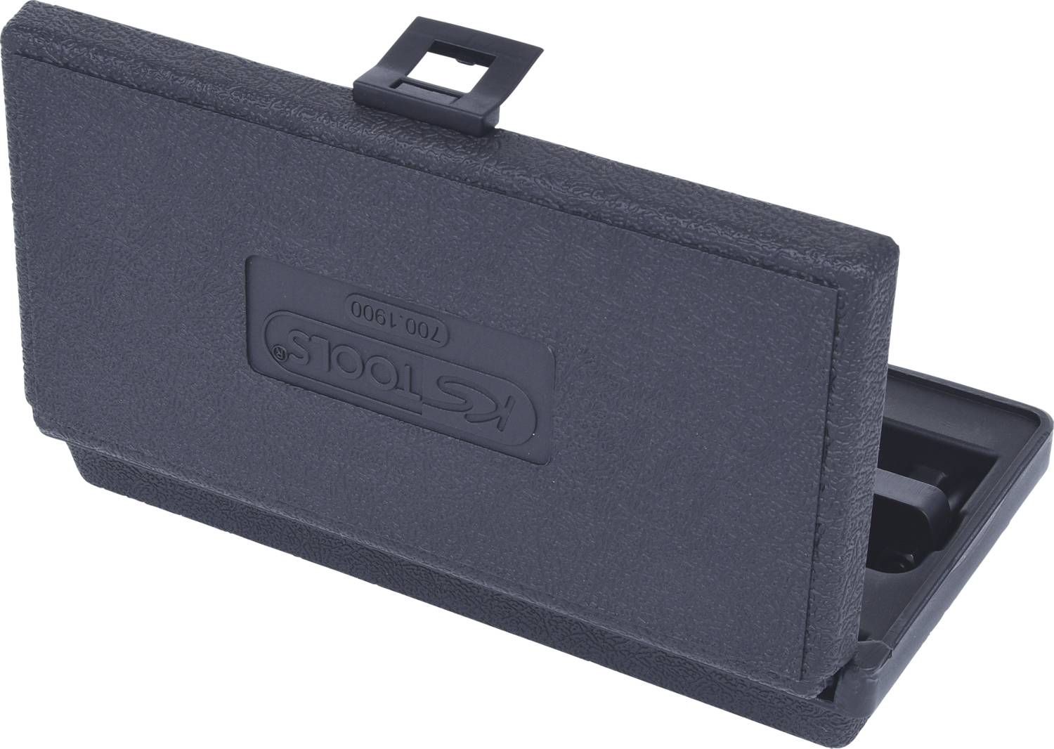 Czarny, prostokątny pojemnik z tworzywa sztucznego z małą rączką u góry. W środku znajduje się komora, prawdopodobnie przeznaczona na narzędzia.