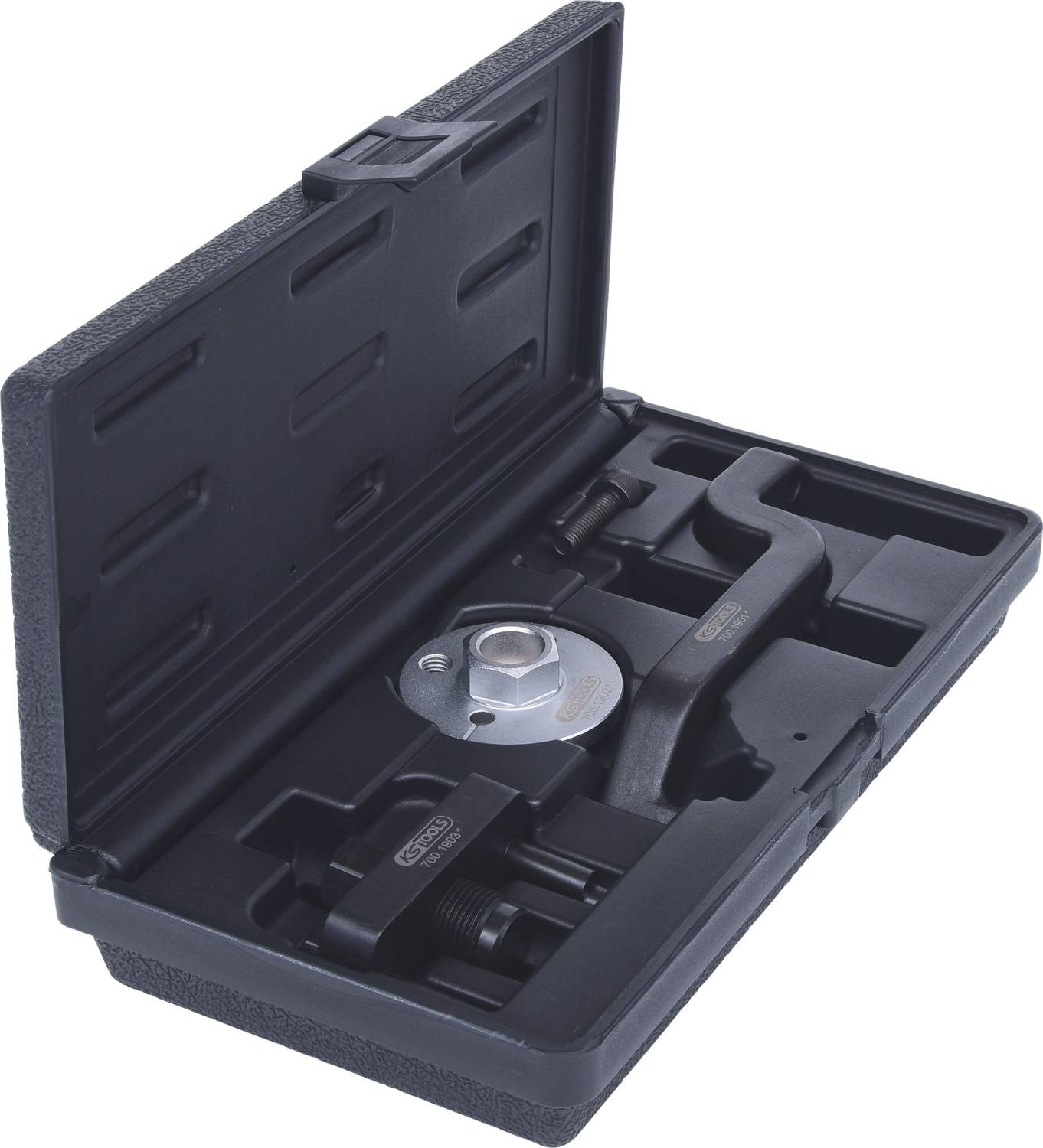 Czarny plastikowy kufer z częściami narzędziowymi do konserwacji silnika, w tym kluczem dynamometrycznym i komponentami.