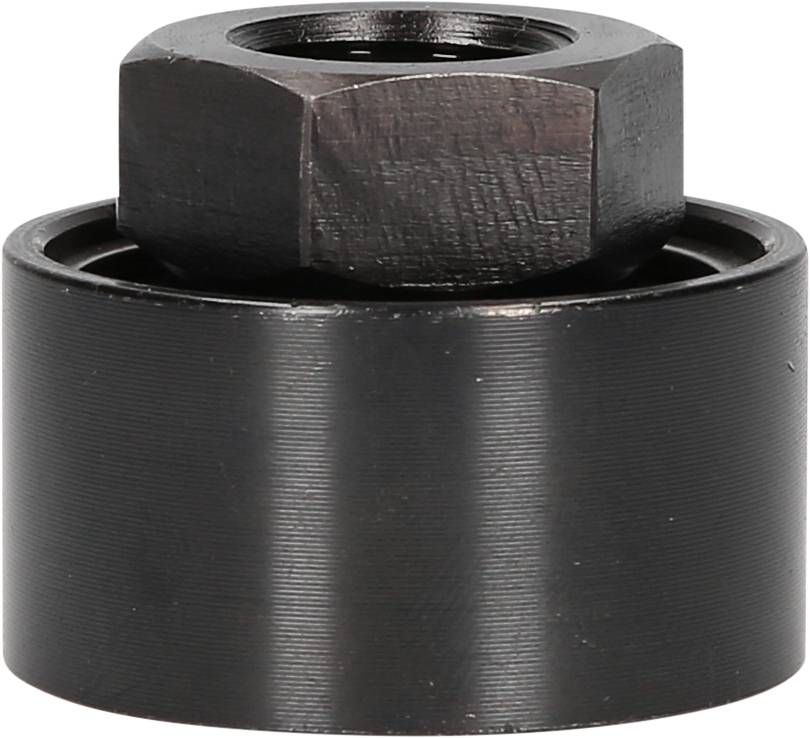 Czarna metalowa nakrętka siedzi na cylindrycznej tulei.