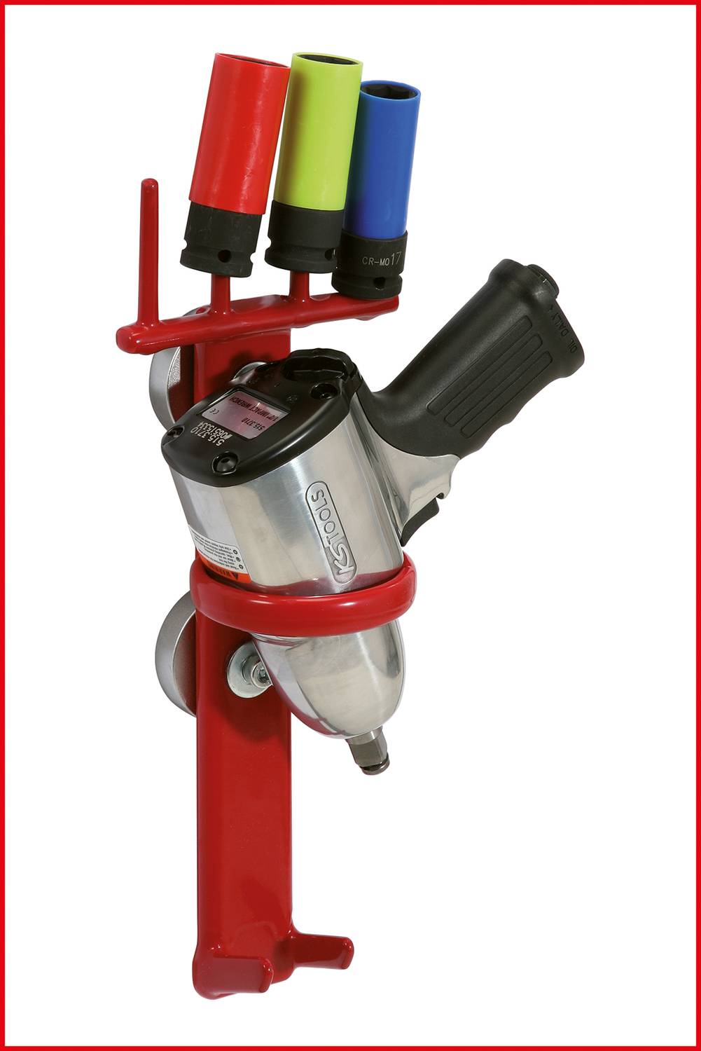 Elektryczna pistolet narzędziowy w czerwonym uchwycie, z trzema kolorowymi nasadkami u góry: czerwoną, niebieską i zieloną.