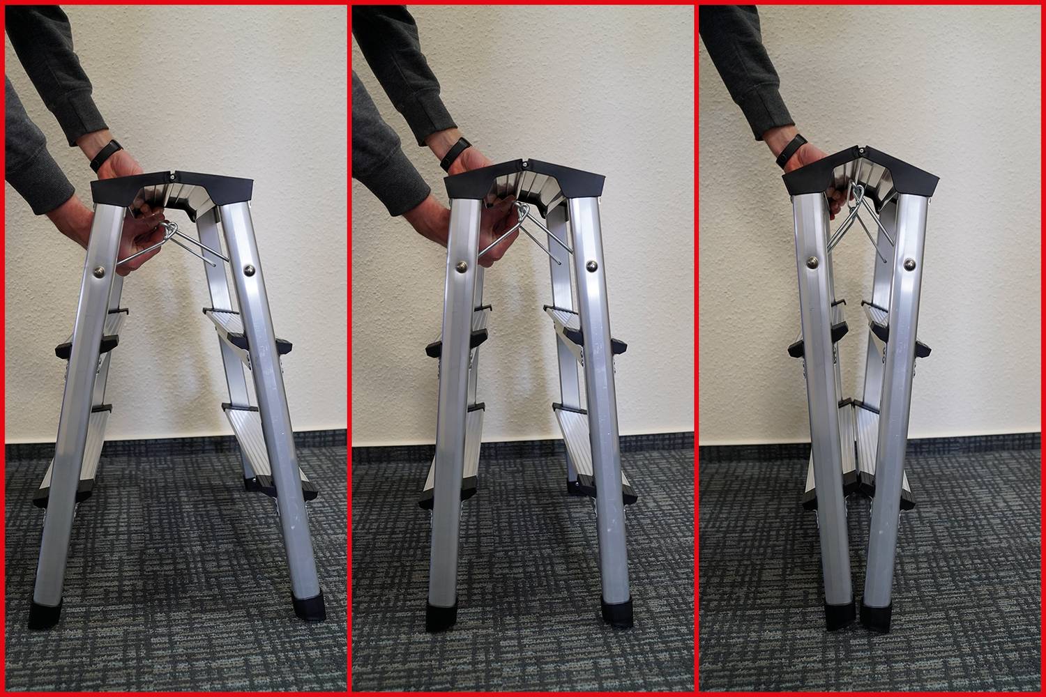 Trzyczęściowy obraz przedstawia etapy składania drabiny metalowej: całkowicie rozłożonej, częściowo złożonej i całkowicie złożonej.