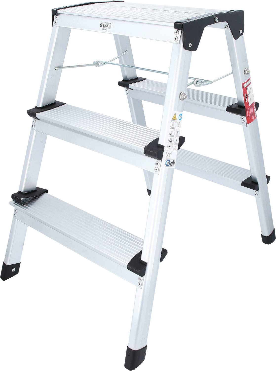 Biała, składana drabina trzystopniowa, solidnie wykonana z metalu, z czarnymi plastikowy nakładkami na końcach nóżek.