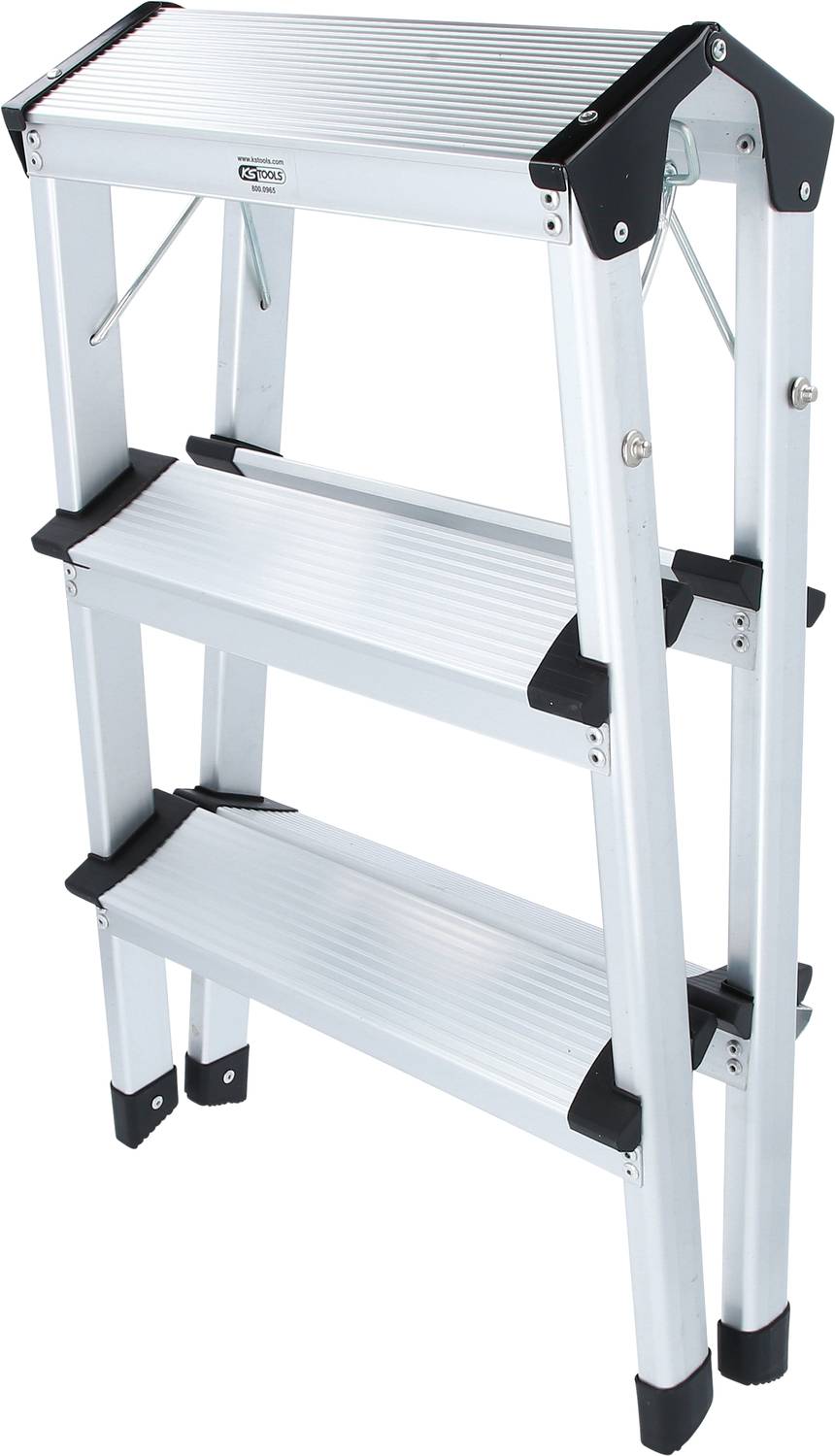 Składana aluminiowa drabinka trzystopniowa, przeznaczona do użytku wewnętrznego. Solidna konstrukcja, idealna do prac domowych.