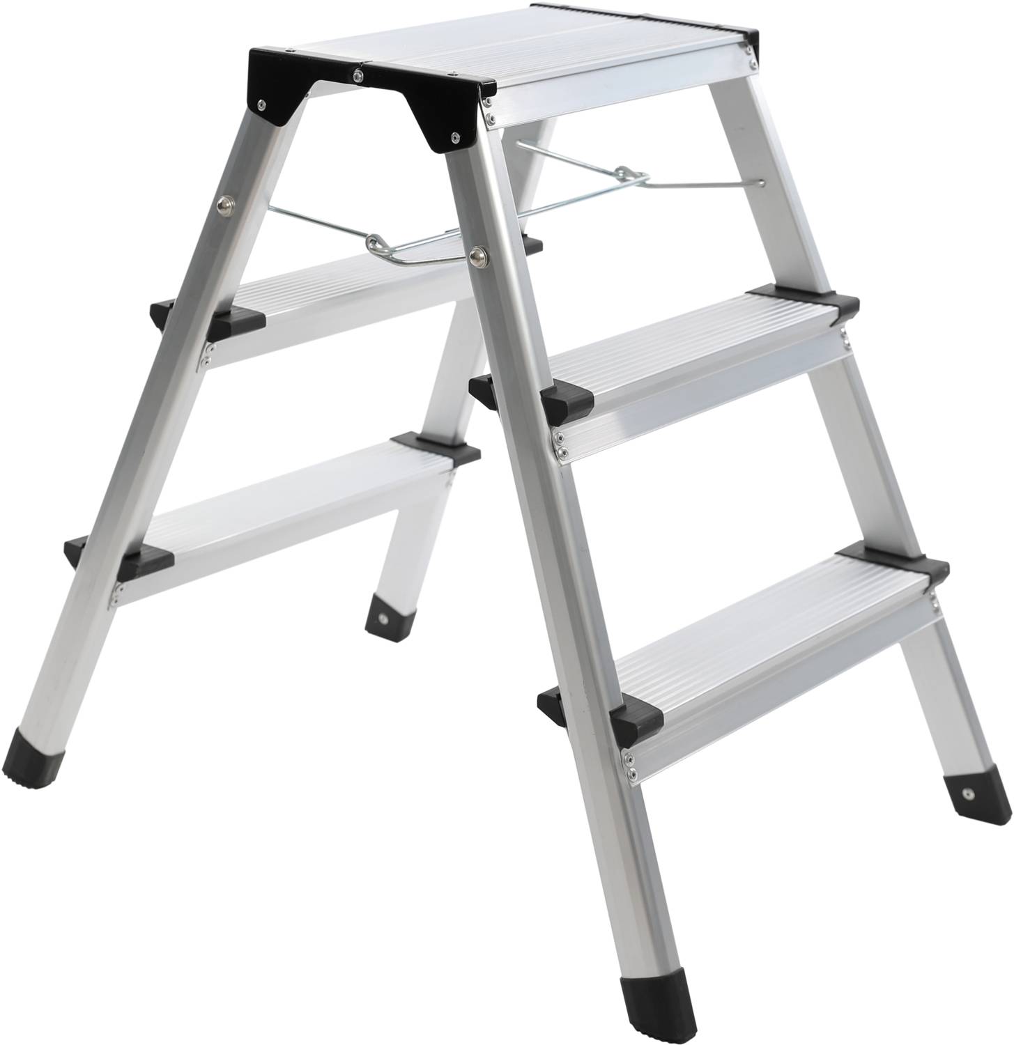Trzystopniowa, składana drabinka aluminiowa w kolorze srebrnym, doskonała do użytku wewnętrznego.