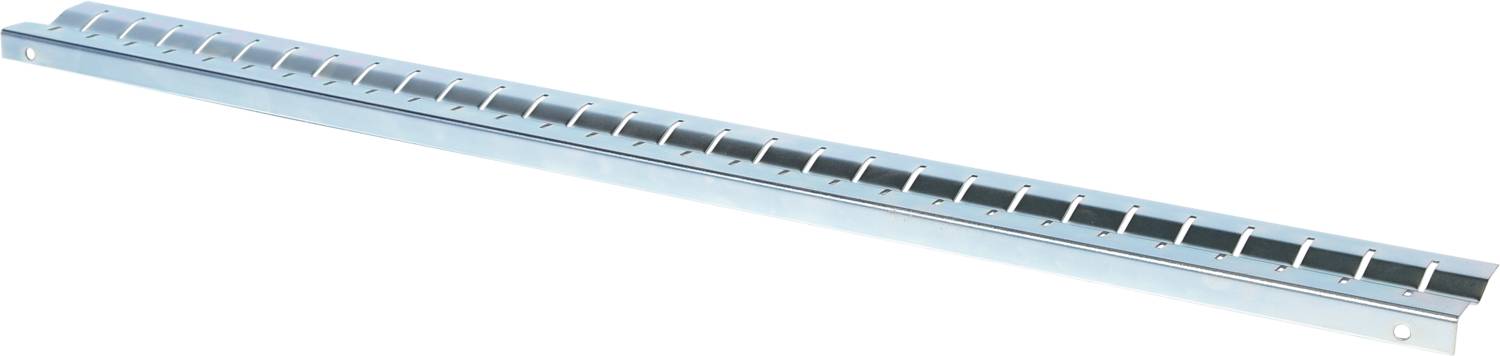 Metalowy element łączący z równomiernymi prostokątnymi otworami wzdłuż całej długości, prawdopodobnie stosowany do celów mocujących.