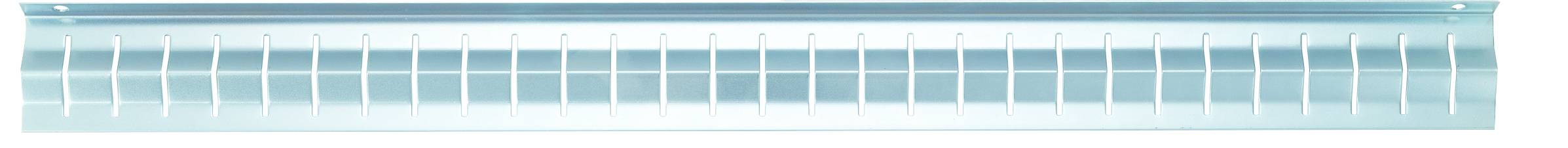 Długi, wąski pasek metalowy z regularnie rozmieszczonymi pionowymi szczelinami, prawdopodobnie element wentylacyjny.