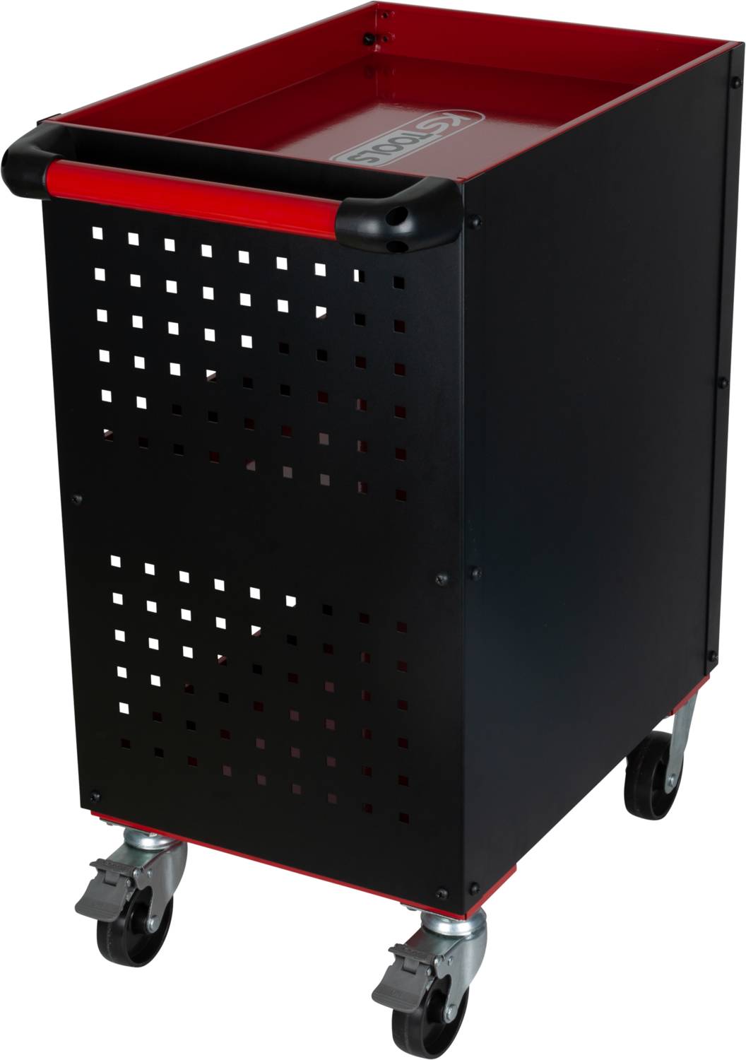 Czarny, mobilny wózek narzędziowy z perforowanymi ściankami bocznymi i czerwonymi akcentami, wyposażony w kółka dla łatwego przemieszczania.