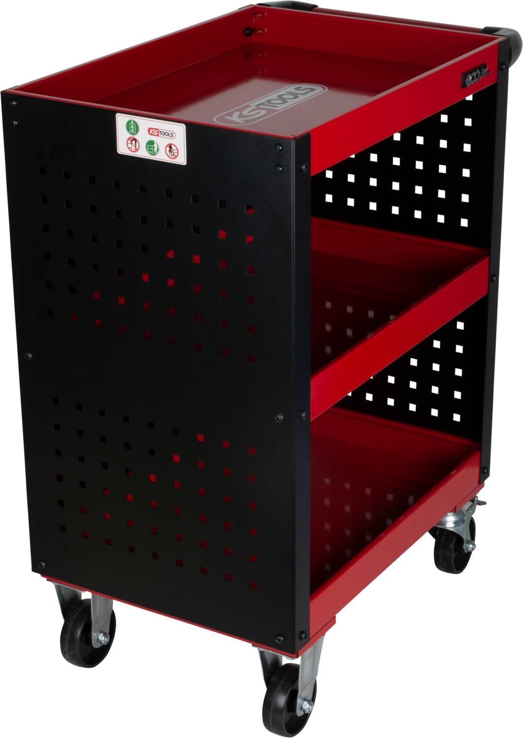 Czerwony wózek narzędziowy z trzema półkami na kółkach, idealny do transportu i organizacji narzędzi w warsztatach.
