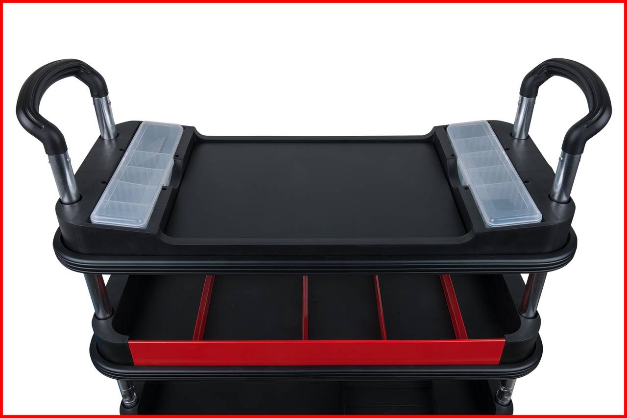 Czarny wózek kelnerski z dwoma poziomami i uchwytami po bokach. Na górze znajdują się zdejmowane pojemniki z tworzywa sztucznego.