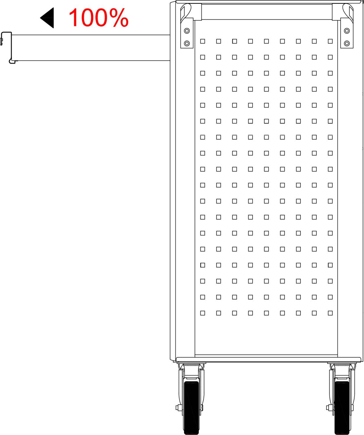 Szkic prostokątnego wozu na kołach z kratowym wzorem po boku. Po lewej stronie strzałka wskazująca na dłuższy poprzeczny pasek z napisem '100%'.