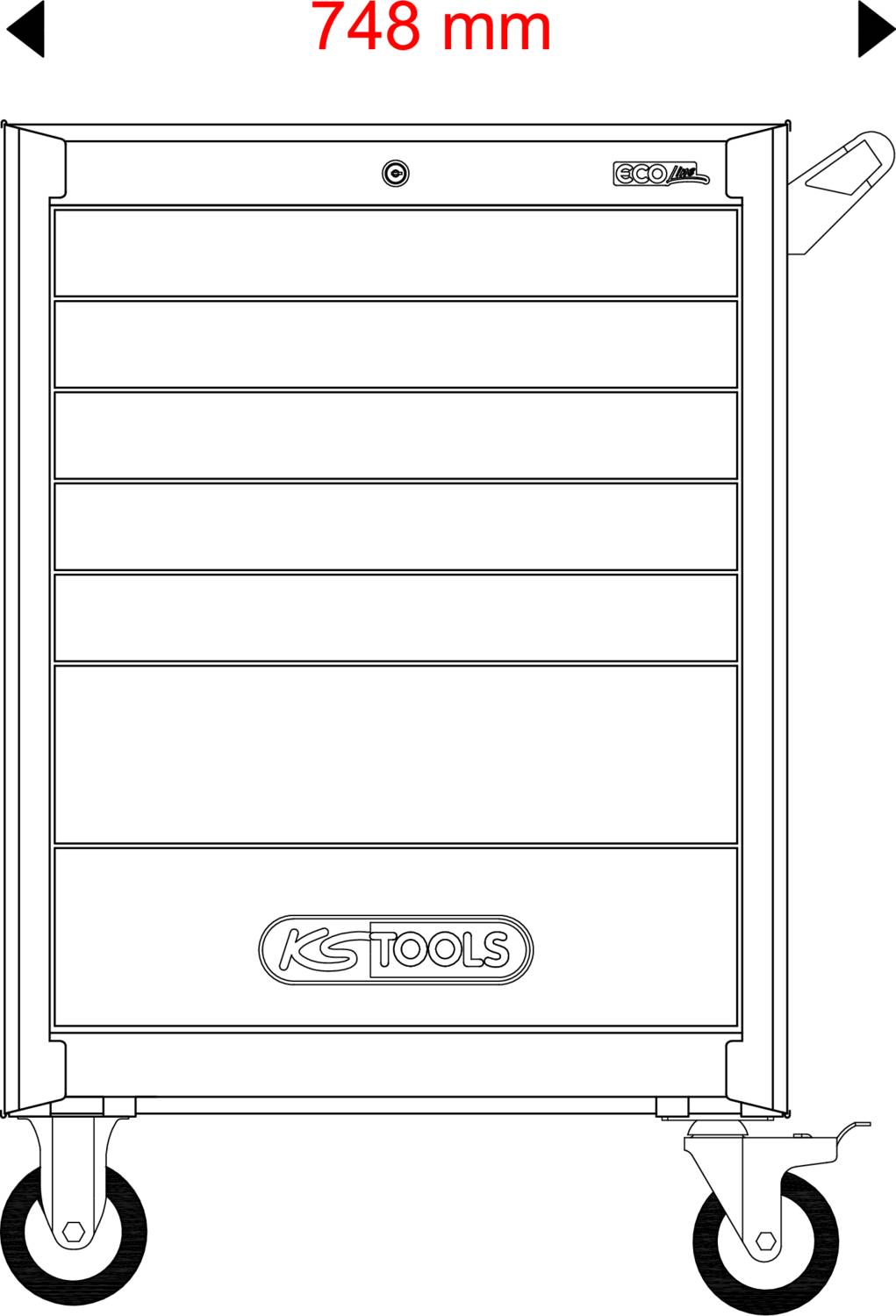 Wózek narzędziowy z sześcioma szufladami, uchwytem po prawej stronie i kółkami dla mobilności. Szerokość: 748 mm. Oznaczenie 'KS Tools'.