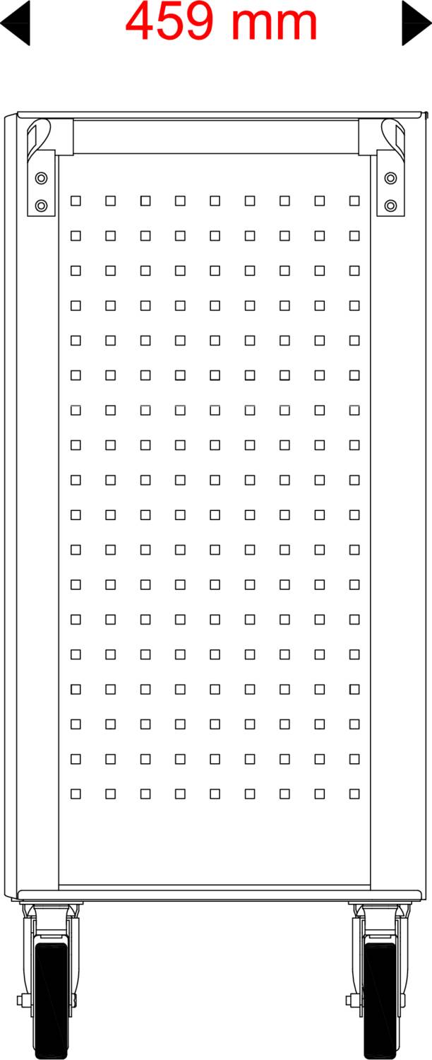 Rysunek techniczny prostokątnego urządzenia na kółkach, z perforowaną przednią ścianką. Szerokość została podana jako 459 mm.