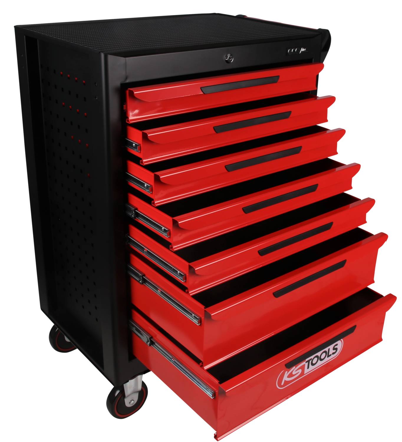 Czarny wózek narzędziowy na kółkach z siedmioma otwartymi czerwonymi szufladami. Na dolnej szufladzie widoczna marka 'KS Tools'.
