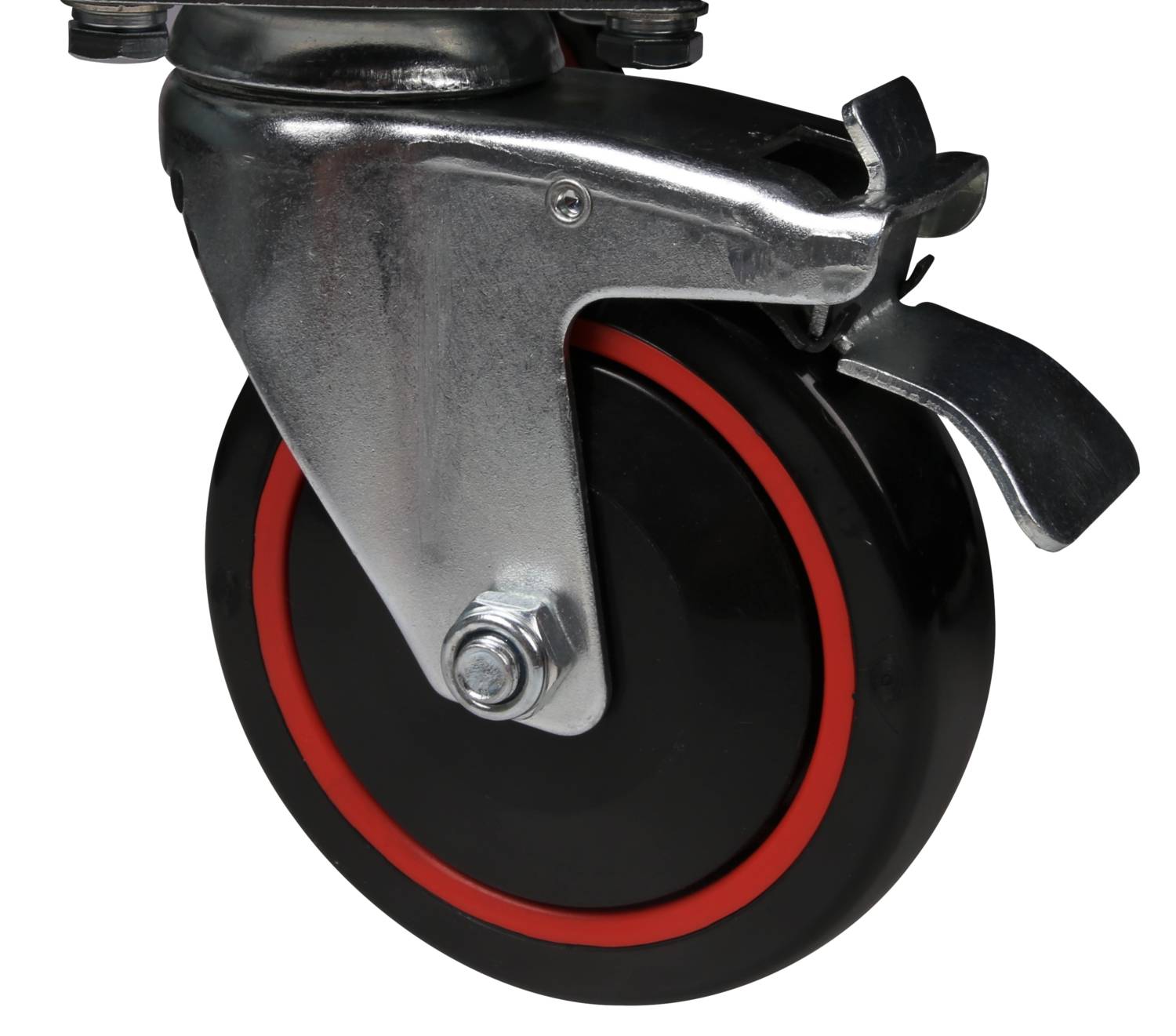 Czarne koło z czerwoną obręczą i metalowym mocowaniem, zamontowane na osi, z hamulcem po stronie.