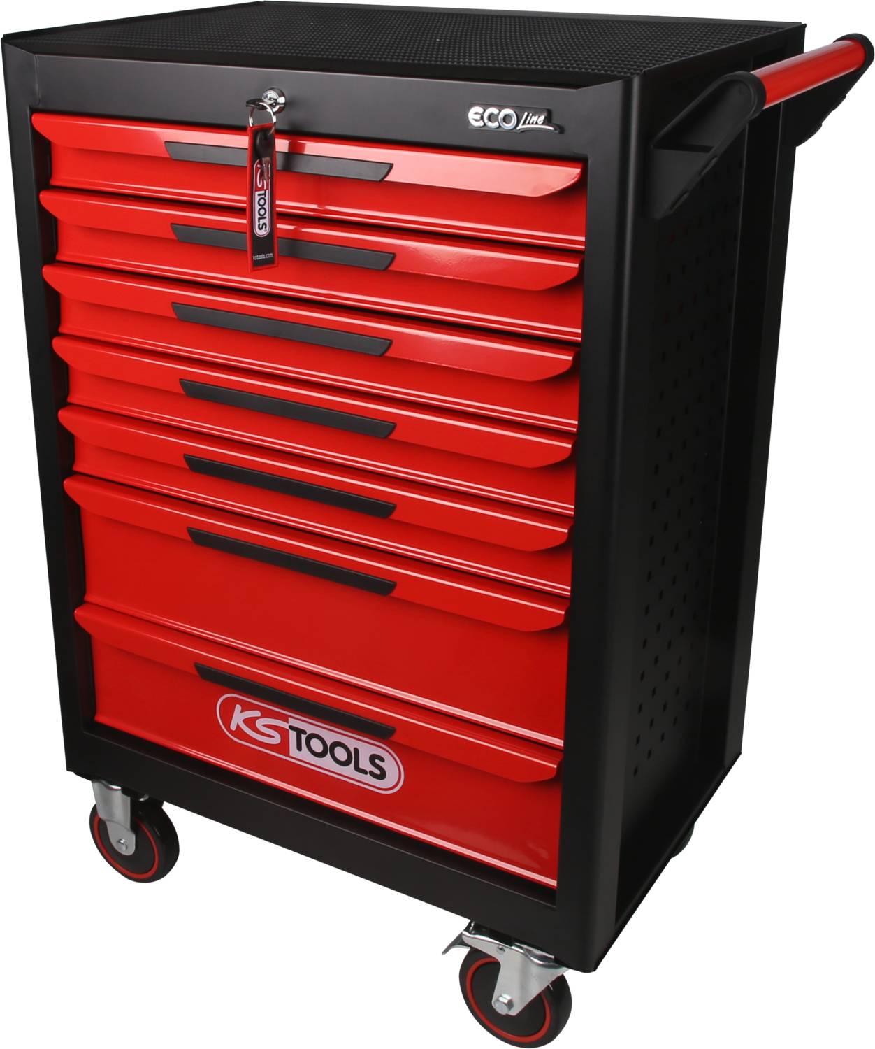 Czerwony wózek narzędziowy z czarnymi uchwytami i siedmioma szufladami na kółkach. Na froncie stojaka logo 'KS TOOLS'.