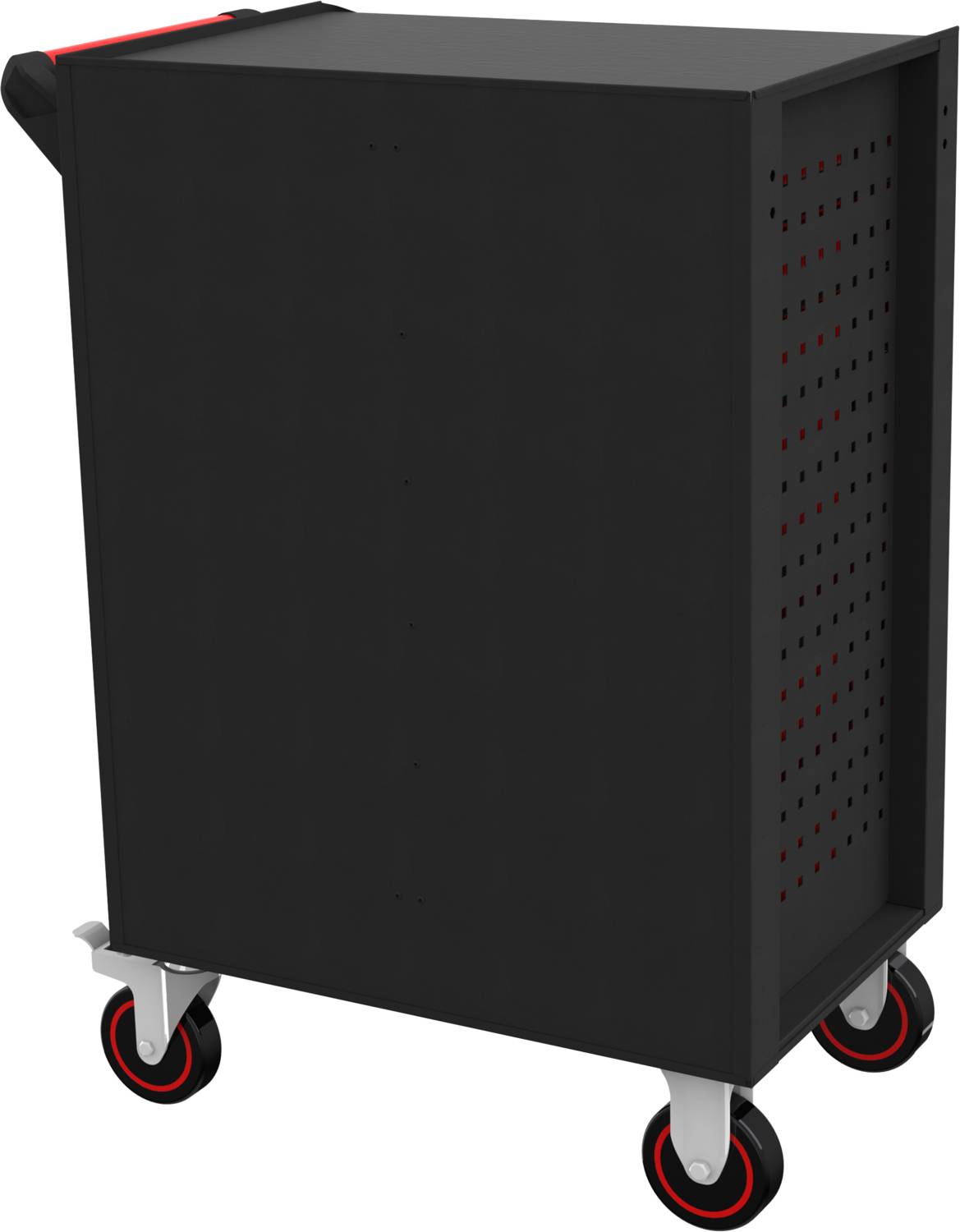 Czarny wózek transportowy na czterech kółkach z bocznym uchwytem, idealny do lekkiego przewożenia przedmiotów wewnątrz pomieszczeń.