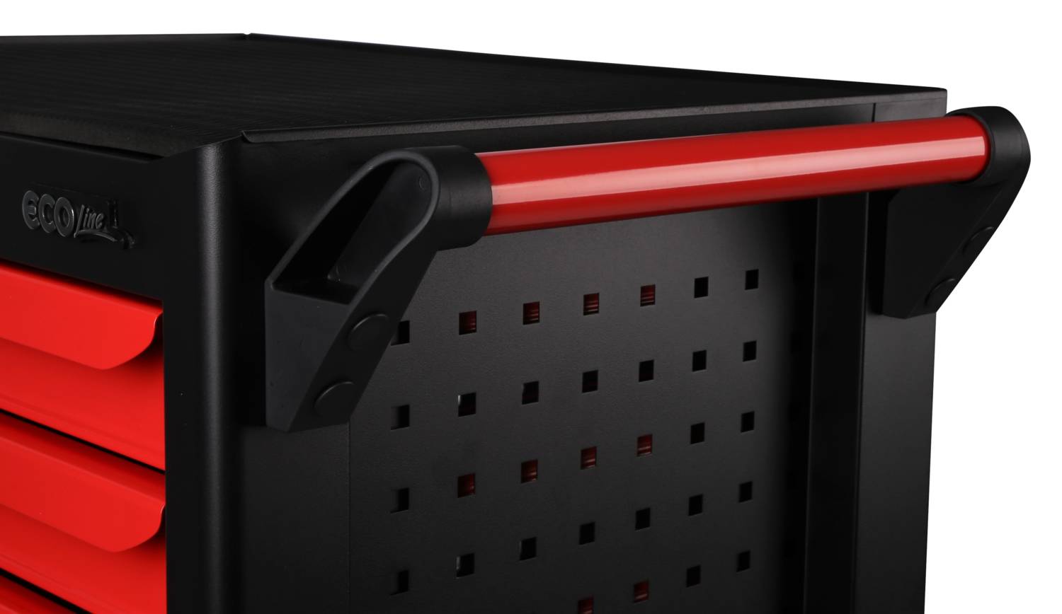Czarny wózek narzędziowy z czerwonymi uchwytami i szufladami, ścianka boczna z perforacją do wentylacji; solidna i wytrzymała konstrukcja.