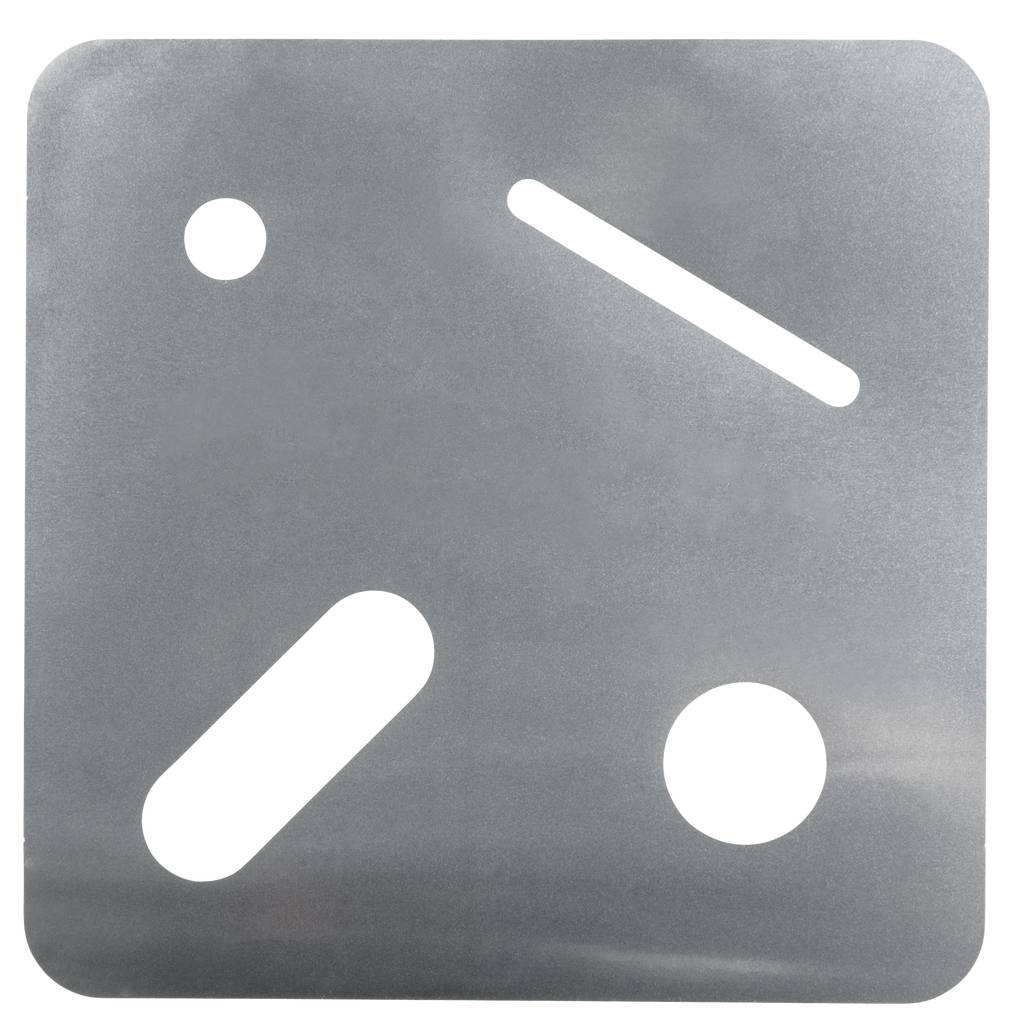 Kwadratowa metalowa tabliczka z zaokrąglonymi narożnikami. Zawiera wycięcia w kształcie koła, punktu oraz dwóch linii.