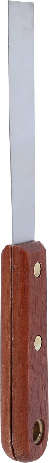 Narzędzie z płaskim, wąskim ostrzem metalowym i uchwytem w kolorze drewna, używane do specjalistycznych prac tnących.