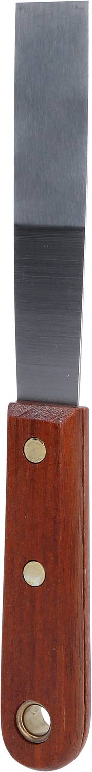 Szpachelka z drewnianym uchwytem i metalowym ostrzem ściętym pod kątem, przeznaczona do usuwania farby lub wykonywania prac szpachlarskich.