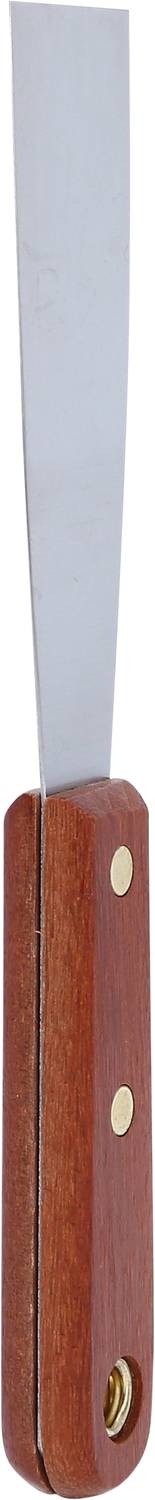 Szpachla z drewnianą rączką i długim, wąskim metalowym ostrzem, na neutralnym tle.