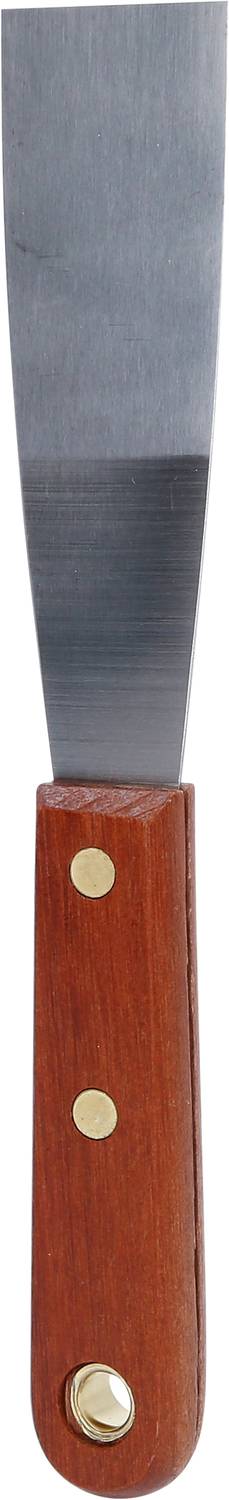 Metalowa szpachla z brązową drewnianą rękojeścią i złotymi nitami.