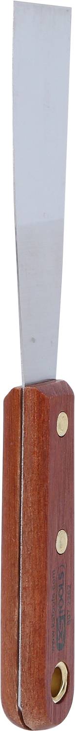 Szpachelka z drewnianą rączką z długim, wąskim ostrzem metalowym, odpowiednia do prac malarskich lub remontowych.