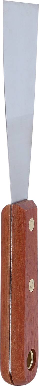 Szpachla z długim, wąskim metalowym ostrzem i brązową drewnianą rękojeścią. Idealna do nakładania farby lub prac szpachlowych.