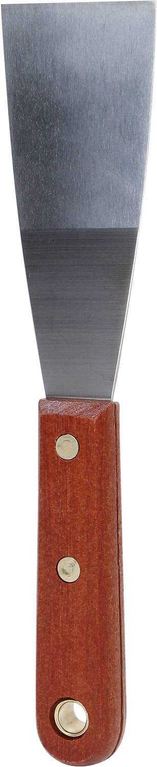 Szpatułka kuchenna z drewnianym uchwytem i metalowym ostrzem, odpowiednia do przewracania potraw na patelni.