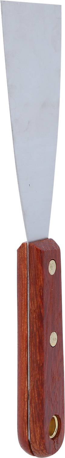 Szpachla malarska z szeroką metalową blachą i drewnianym uchwytem, używana do wygładzania powierzchni lub usuwania farby.