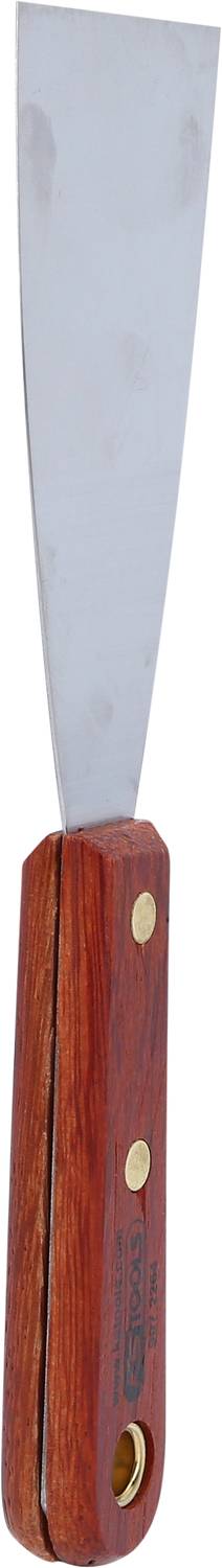 Szpachla z drewnianą rączką i szeroką, płaską metalową głowicą, odpowiednia do prac malarskich i budowlanych.