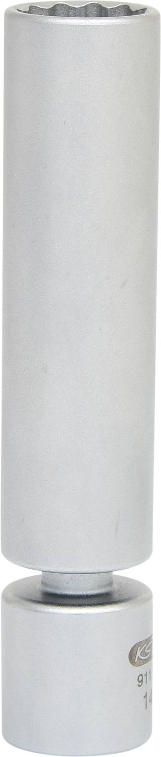 Srebrny, cylindryczny nasadowy klucz nasadowy, ustawiony pionowo, do prac mechanicznych.