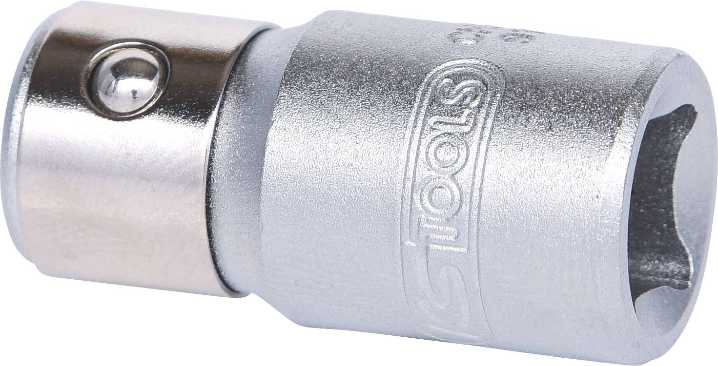 Adapter metalowy z otworem sześciokątnym, stosowany do mocowania nasadek na grzechotce lub przedłużaczach w mechanice.