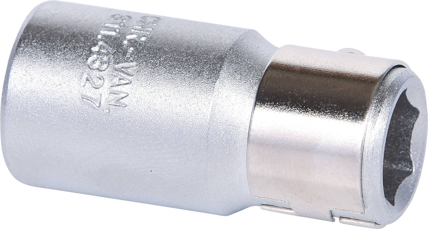 'Jest to srebrna nakrętka wtykowa z okrągłym otworem, odpowiednia do śrub i nakrętek. Posiada matową powierzchnię metalową.'