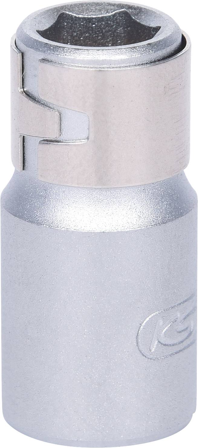 Srebrny klucz nasadowy z żebrowanym trzonkiem i sześciokątnym otworem, przeznaczony do prac śrubowych.