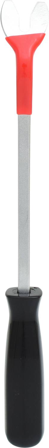 Urządzenie kuchenne z czarnym uchwytem i czerwoną, widelcowatą górną częścią do gotowania lub serwowania.