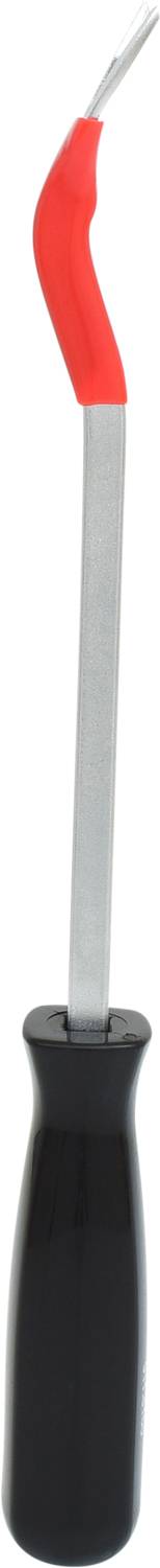 Dentystyczny kątownik z czarnym uchwytem i czerwoną, odchyloną głowicą, używany do zabiegów czyszczenia zębów.