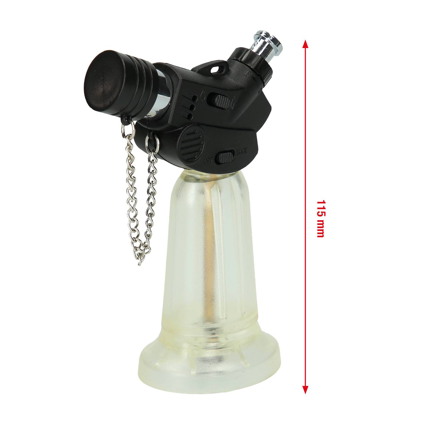 Mały palnik gazowy, wersja bezpłomieniowa, z czarną głowicą na przezroczystej podstawie, wysokość 115 mm.