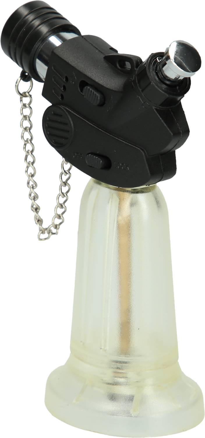 Czarny mini palnik gazowy z srebrną dyszą i przezroczystą podstawą, idealny do lutowania lub prac rzemieślniczych.