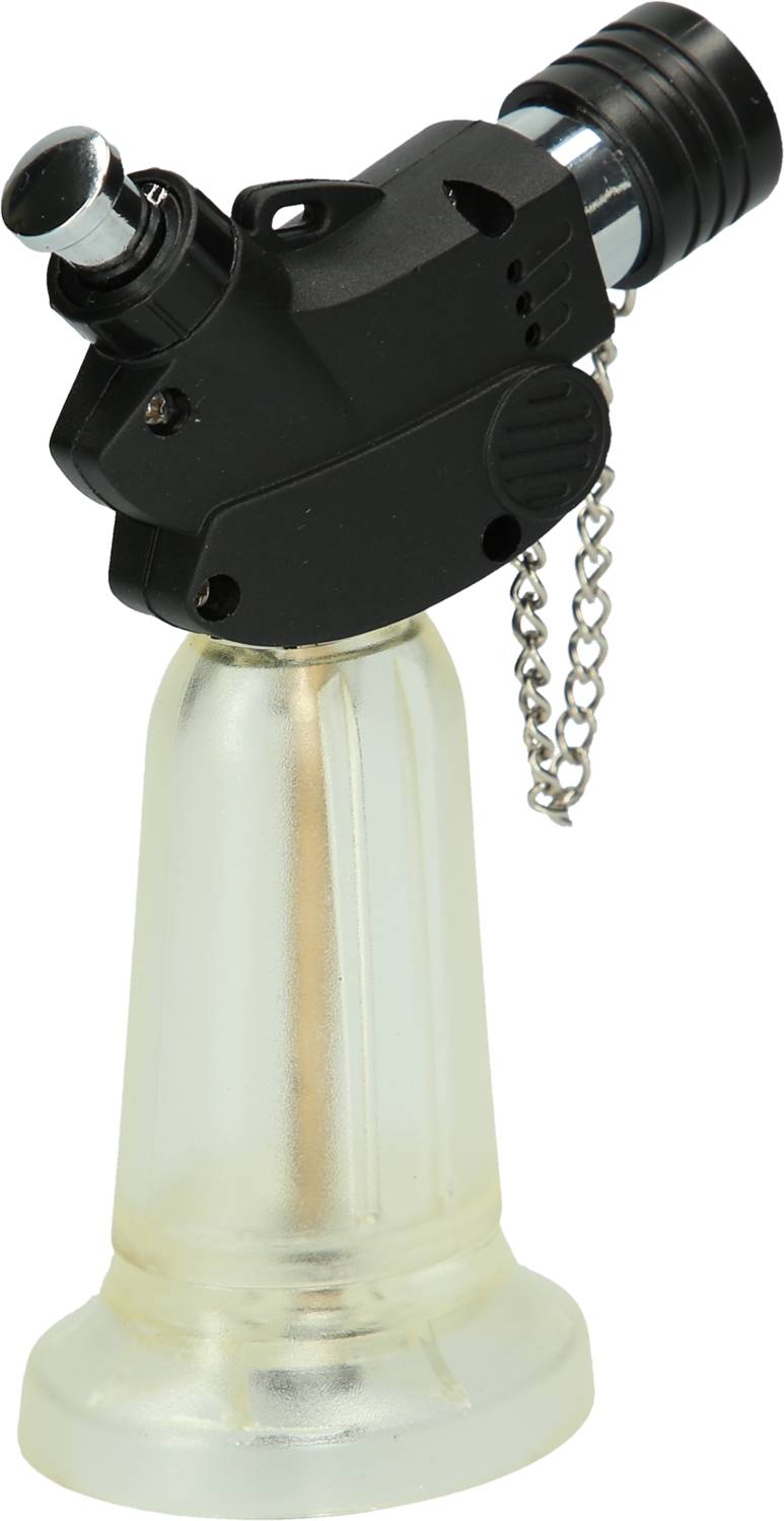 Palnik gazowy z czarnym uchwytem i srebrnymi elementami, zamontowany na przezroczystym stojaku z tworzywa sztucznego.