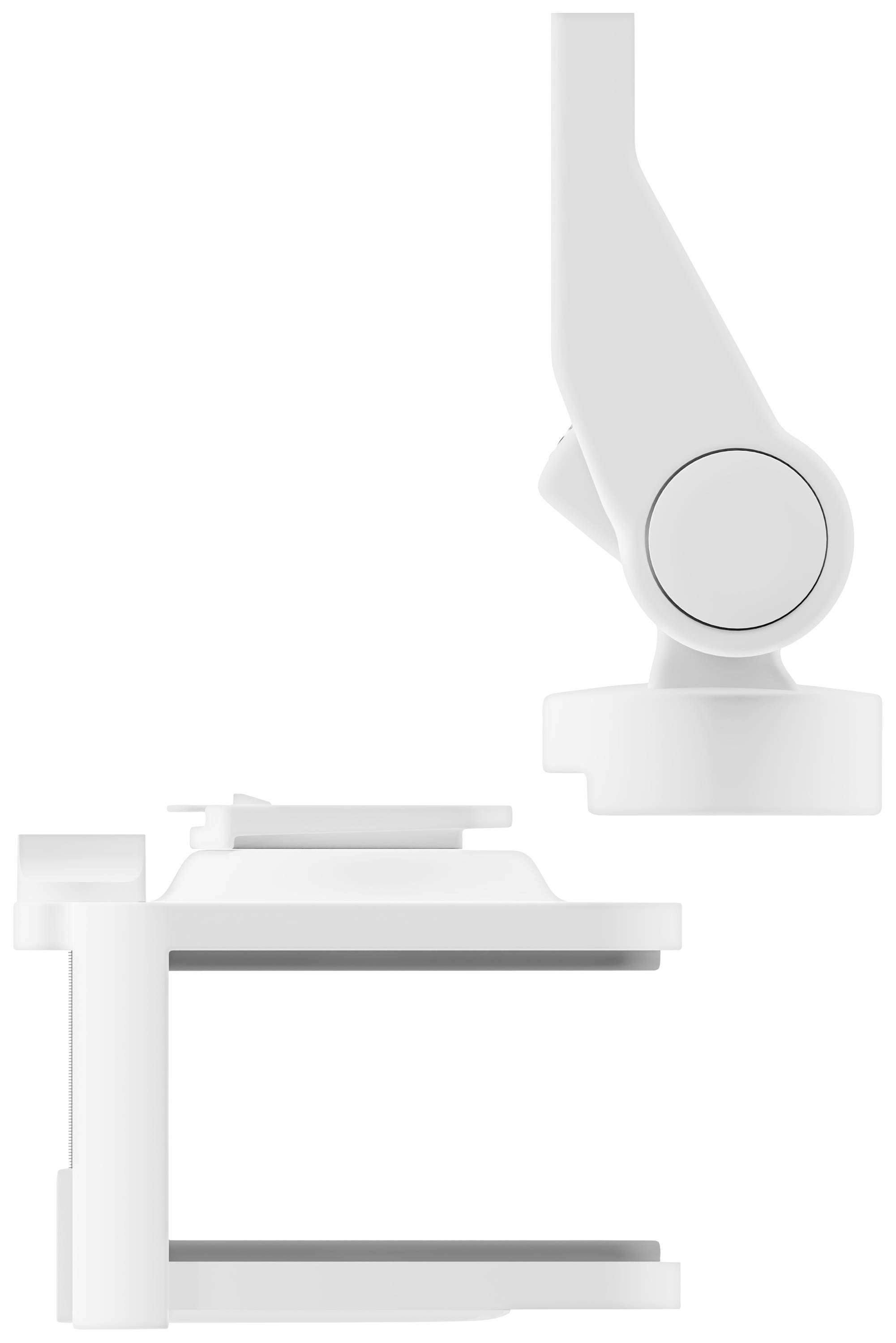 Dwie białe, regulowane mocowania do stołu. Jeden widok z boku, drugi z góry. Oba przedstawiają mechanizmy obrotowe.