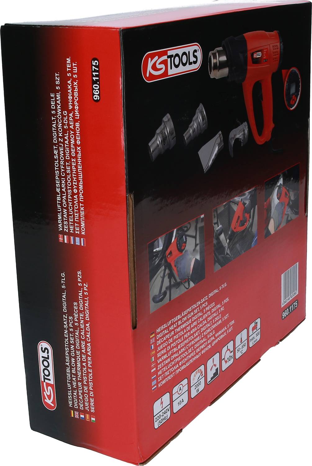 Czarna i czerwona opakowanie zestawu suszarki przemysłowej KS Tools, przedstawiające urządzenie, różne dysze oraz wskazówki dotyczące użycia.