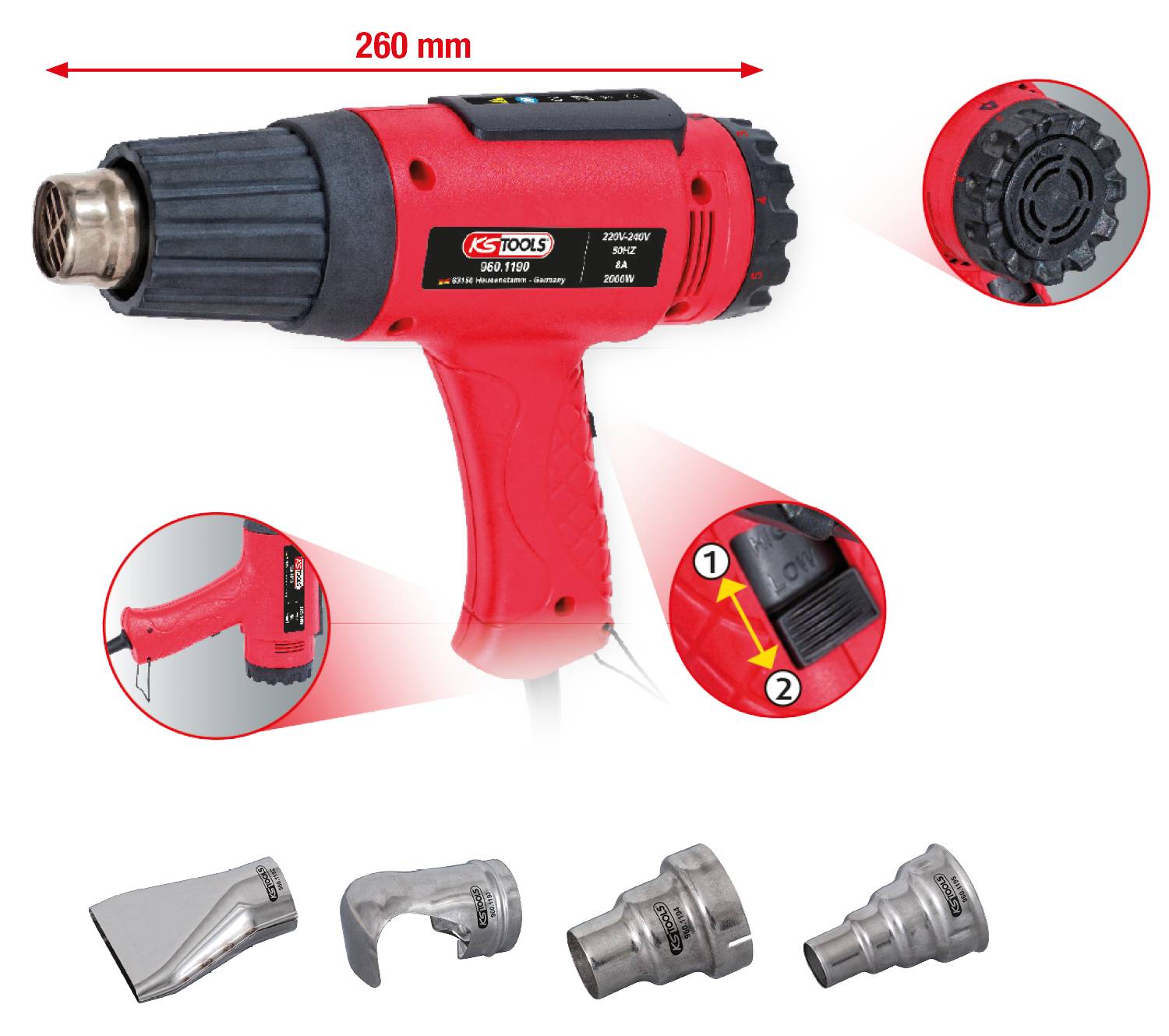 Czerwony pistolet na gorące powietrze o długości 260 mm z różnymi dyszami i ustawieniami temperatury do precyzyjnego zastosowania.