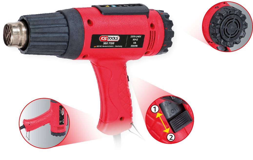 Pistolet na gorące powietrze w kolorze czerwonym, zdjęcia szczegółowe przedstawiają ustawienia temperatury i stopni nadmuchu. Główna funkcja: podgrzewanie powierzchni.