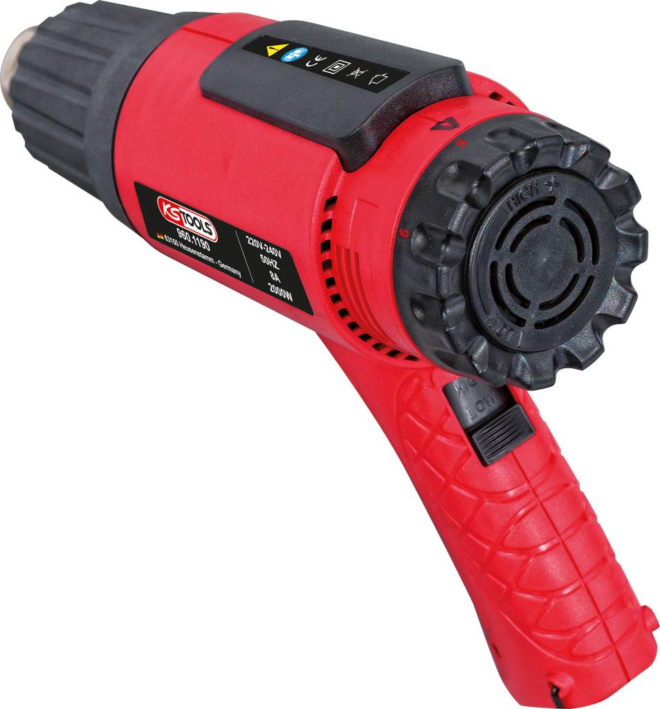 Czerwona suszarka do włosów z czarnym uchwytem i elementami sterującymi na górnej powierzchni.